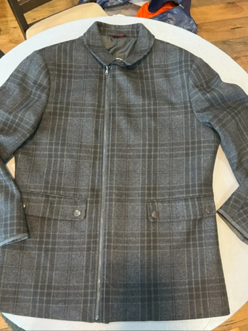 Men’s Wool Blend Plaid Zip Front Jacket Coat Gray Charcoal Size Medium